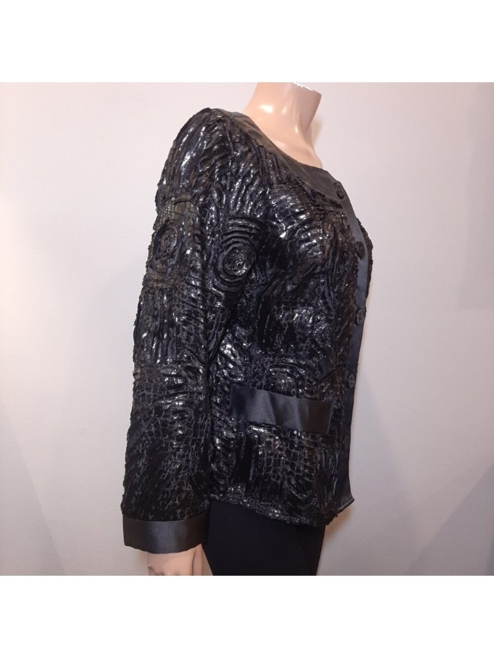 SAMUEL DONG Satin Jacket Textured Floral Buttoned Blazer Cardigan Top Designer - Picture 8 of 14